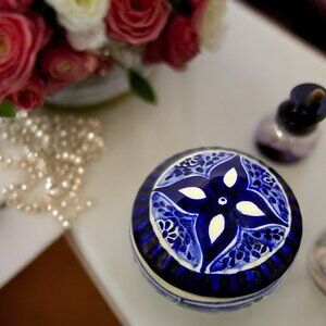 Vintage Cobalt Blue & White Porcelain Small Jewelry Trinket Box with Cover